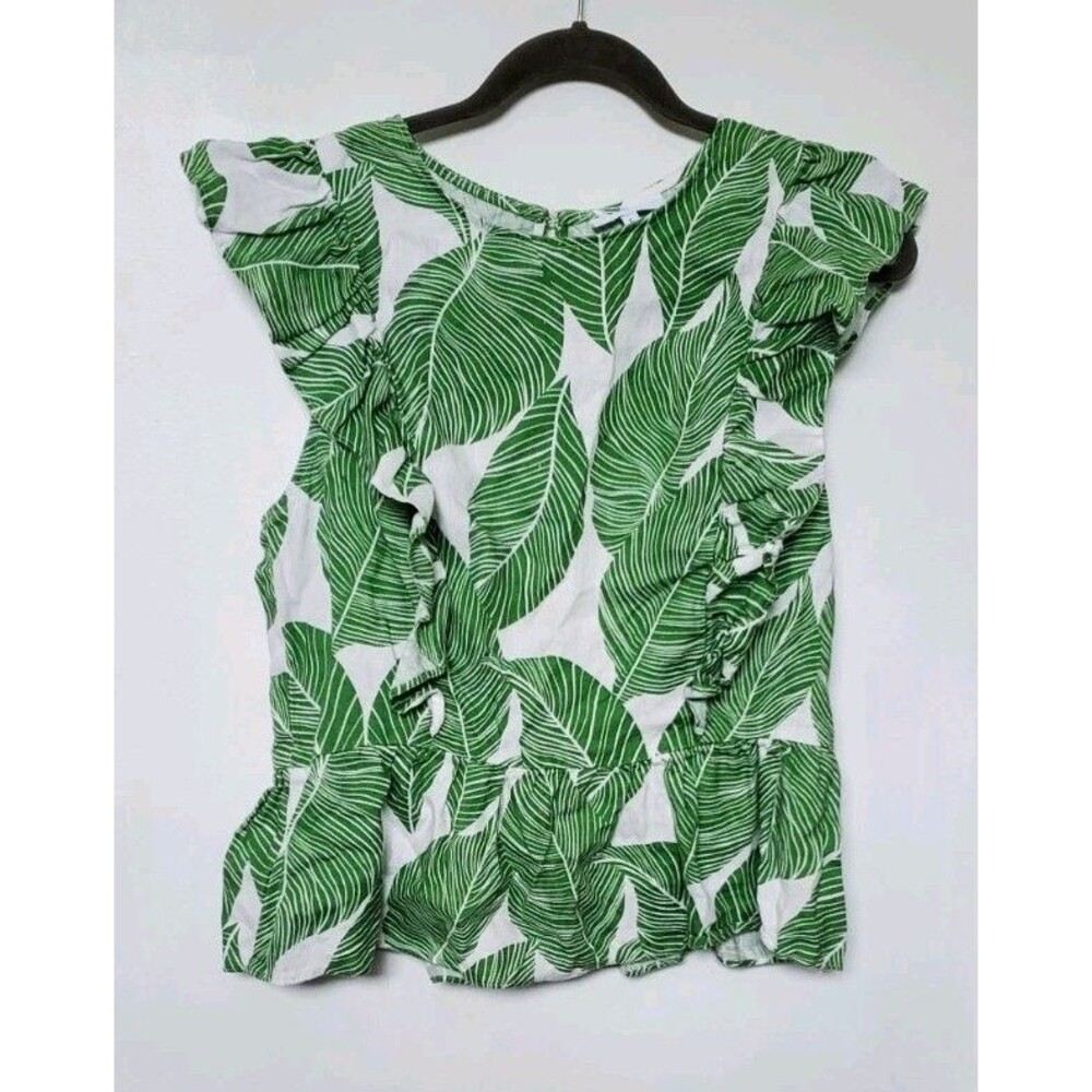 WAVERLY GREY Largr White Green Palm Leaf Linen Tank Top Peplum Ruffle